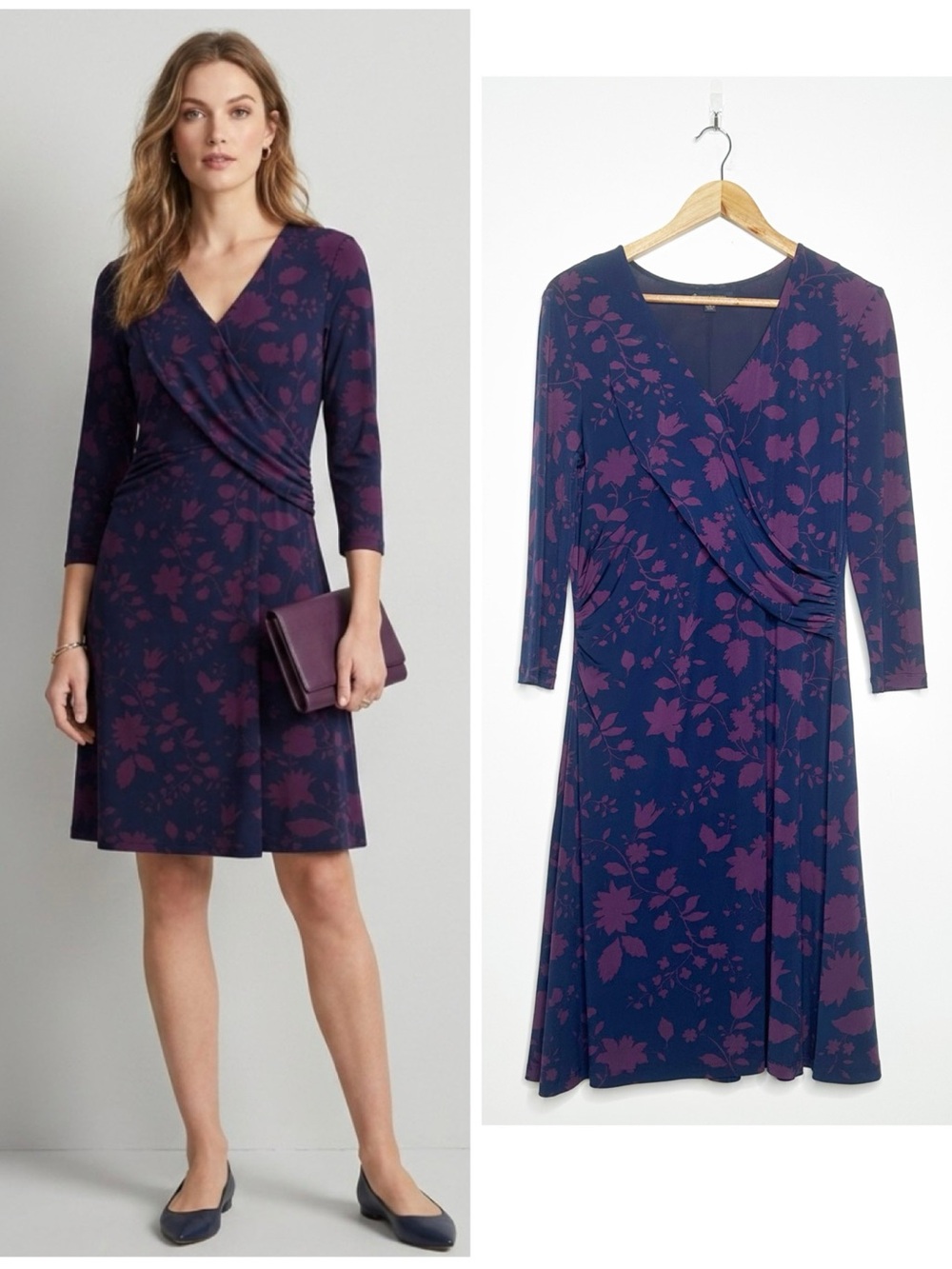 Brooks Brothers Navy Purple Floral Jersey Faux Wrap Dress Size L